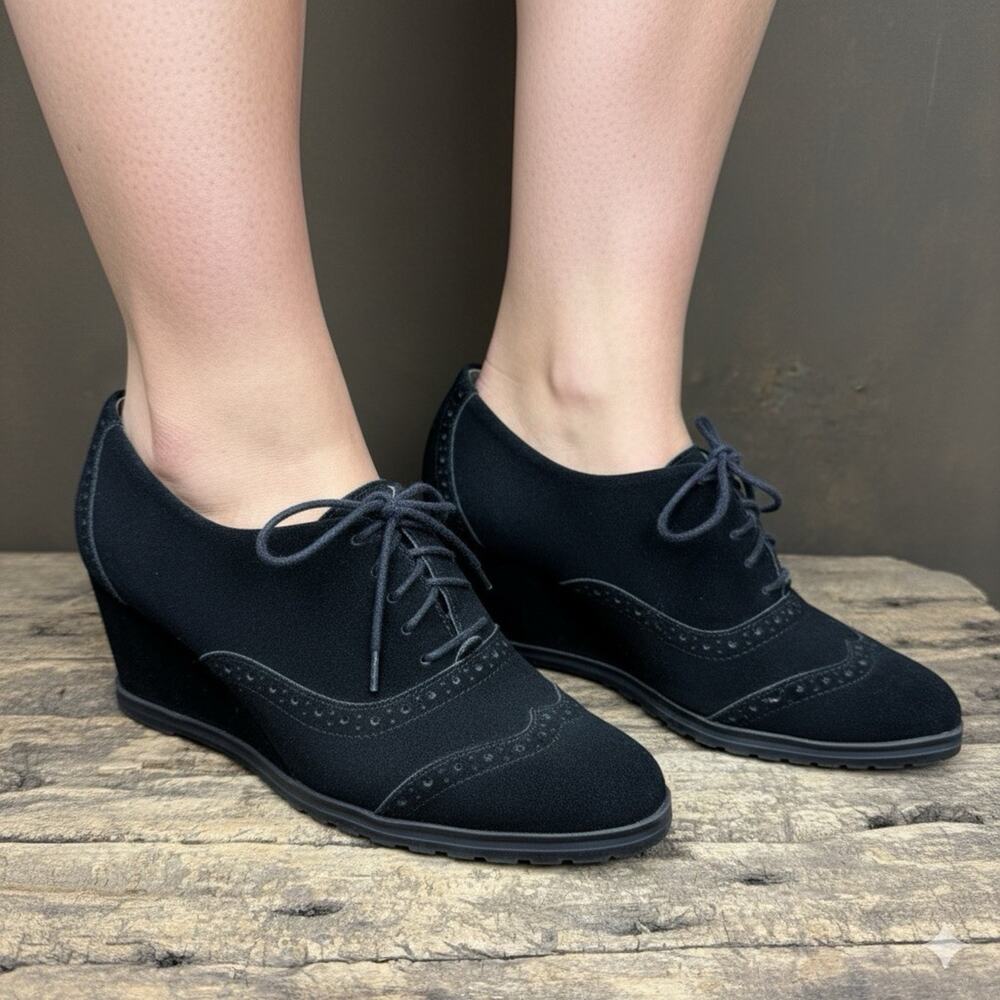 Ellen Tracy Tobin Black Suede Leather Comfort Wedge Heel Oxfords Women’s 7.5